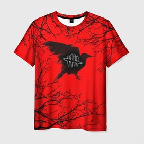 Мужская футболка 3D с принтом Dead by Daylight ворон в Екатеринбурге, 100% полиэфир | прямой крой, круглый вырез горловины, длина до линии бедер | dead by daylight | ветки | ворон | ворона | деад бай деад лайт | деревья | жуть | игра | компьютерная игра | красный | красный и черный | кровь | ужасы | черный