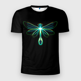 Мужская футболка 3D Slim с принтом Неоновая стрекоза в Екатеринбурге, 100% полиэстер с улучшенными характеристиками | приталенный силуэт, круглая горловина, широкие плечи, сужается к линии бедра | dragonfly | flight | insect | neon | paint | wings | краски | крылья | насекомое | неон | неоновая | полет | стрекоза
