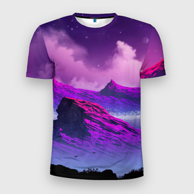 Мужская футболка 3D Slim с принтом Горы | Закат | Аниме в Белгороде, 100% полиэстер с улучшенными характеристиками | приталенный силуэт, круглая горловина, широкие плечи, сужается к линии бедра | anime | birds | cartoon | clouds | dawn | moon | mountains | night | ocean | pink | purple | sea | shadows | silhouette | sky | stars | sunset | аниме | горы | закат | звезды | луна | море | мульт | небо | ночь | облака | океан | птицы | рассвет | розовый