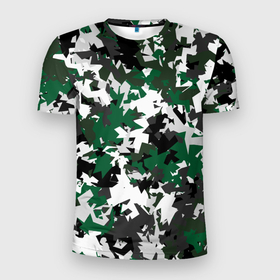 Мужская футболка 3D Slim с принтом Зелено черный камуфляж в Кировске, 100% полиэстер с улучшенными характеристиками | приталенный силуэт, круглая горловина, широкие плечи, сужается к линии бедра | камуфляж | клуб | краснодар | милитари | патерн | фк | футбол | футбольный
