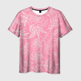 Мужская футболка 3D с принтом Пион. Розовое поле в Петрозаводске, 100% полиэфир | прямой крой, круглый вырез горловины, длина до линии бедер | Тематика изображения на принте: белый контур | детский | женский принт | лето | нежный | паттерн | пион | растения | роза | розовый | узор | цветочное поле | цветы