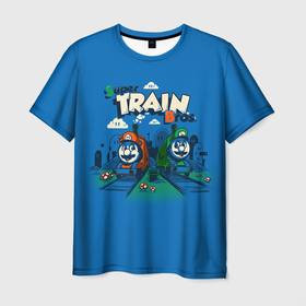 Мужская футболка 3D с принтом Super train bros в Курске, 100% полиэфир | прямой крой, круглый вырез горловины, длина до линии бедер | game | games | mario | игра | игры | марио