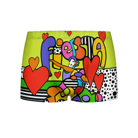 Мужские трусы 3D с принтом Fiesta dance , 50% хлопок, 50% полиэстер | классическая посадка, на поясе мягкая тканевая резинка | Тематика изображения на принте: brazilian artist | bright colors | cubism | emoji | girl | graffiti | hearts | love | pop art | romero britto | valentine | бразильский художник | граффити | девушка | день святого валентина | кубизм | любовь | ромеро бритто | с
