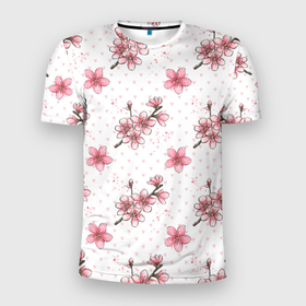 Мужская футболка 3D Slim с принтом Сакура паттерн в Белгороде, 100% полиэстер с улучшенными характеристиками | приталенный силуэт, круглая горловина, широкие плечи, сужается к линии бедра | паттерн | сакура | цветочки | цветы | япония