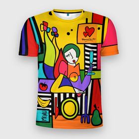 Мужская футболка 3D Slim с принтом Girl with a glass в Курске, 100% полиэстер с улучшенными характеристиками | приталенный силуэт, круглая горловина, широкие плечи, сужается к линии бедра | Тематика изображения на принте: brazilian artist | bright colors | cubism | emoji | graffiti | heart | pop art | romero britto | бразильский художник | граффити | девушка с бакалом | день святого валентина | кубизм | любовь | ромеро бритто 