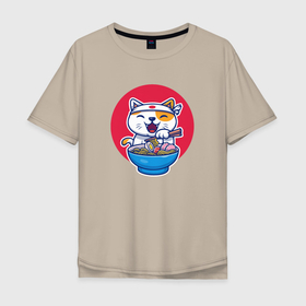 Мужская футболка хлопок Oversize с принтом Cat Love Ramen , 100% хлопок | свободный крой, круглый ворот, “спинка” длиннее передней части | anime | food | аниме | еда | кот | котенок | котик | кошка | лапша | милый | мимими | рамен | спагетти | счастливый | япония