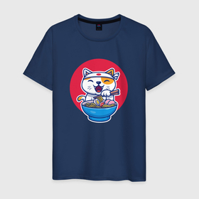 Мужская футболка хлопок с принтом Cat Love Ramen в Новосибирске, 100% хлопок | прямой крой, круглый вырез горловины, длина до линии бедер, слегка спущенное плечо. | anime | food | аниме | еда | кот | котенок | котик | кошка | лапша | милый | мимими | рамен | спагетти | счастливый | япония