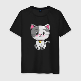 Мужская футболка хлопок с принтом Серый маленький котенок в Курске, 100% хлопок | прямой крой, круглый вырез горловины, длина до линии бедер, слегка спущенное плечо. | Тематика изображения на принте: кот | котенок | котик | кошка | черный кот | черныш