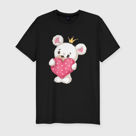 Мужская футболка хлопок Slim с принтом Медвежонок с сердцем в Тюмени, 92% хлопок, 8% лайкра | приталенный силуэт, круглый вырез ворота, длина до линии бедра, короткий рукав | Тематика изображения на принте: медведь | медвежонок | милый | мишка | сердечко | сердце