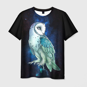 Мужская футболка 3D с принтом полярная сова в космосе в Белгороде, 100% полиэфир | прямой крой, круглый вырез горловины, длина до линии бедер | Тематика изображения на принте: owl | космос | небо | ночь | перья | полет | полярная сова | птица | сова | хищник