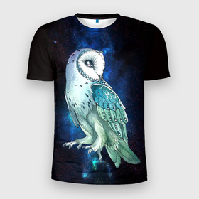 Мужская футболка 3D Slim с принтом полярная сова в космосе в Новосибирске, 100% полиэстер с улучшенными характеристиками | приталенный силуэт, круглая горловина, широкие плечи, сужается к линии бедра | owl | космос | небо | ночь | перья | полет | полярная сова | птица | сова | хищник