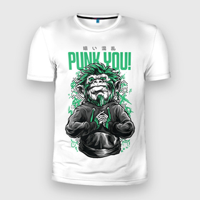 Мужская футболка 3D Slim с принтом Punk you в Петрозаводске, 100% полиэстер с улучшенными характеристиками | приталенный силуэт, круглая горловина, широкие плечи, сужается к линии бедра | граффити | метал | обезьяна | панкрок | рок | стритарт