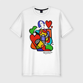 Мужская футболка хлопок Slim с принтом Girl with hearts. в Петрозаводске, 92% хлопок, 8% лайкра | приталенный силуэт, круглый вырез ворота, длина до линии бедра, короткий рукав | Тематика изображения на принте: brazilian artist | bright colors | cubism | emoji | girl | graffiti | hearts | love | pop art | romero britto | valentines day | бразильский художник | граффити | девушка | день святого валентина | кубизм | любовь | ромеро бритт