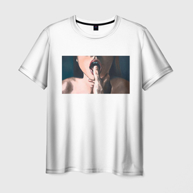 Мужская футболка 3D с принтом Helen de Hoff в Новосибирске, 100% полиэфир | прямой крой, круглый вырез горловины, длина до линии бедер | Тематика изображения на принте: бренд | девушка | женский | мужской | рот | руки