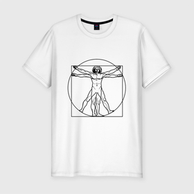 Мужская футболка хлопок Slim с принтом Человек Да Винчи в Белгороде, 92% хлопок, 8% лайкра | приталенный силуэт, круглый вырез ворота, длина до линии бедра, короткий рукав | анатомия | да винчи | искусство | наука | человек