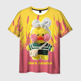 Мужская футболка 3D с принтом Duck Lalafanfan в Кировске, 100% полиэфир | прямой крой, круглый вырез горловины, длина до линии бедер | duck | korean | lalafanfan | rosy cheeks | soft | toy | игрушка | корейская | круглые очки | лалафан | лалафанфан | мягкая | розовые щёки | утка