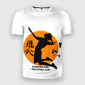 Мужская футболка 3D Slim с принтом Волейбол Хината Карасуно в Тюмени, 100% полиэстер с улучшенными характеристиками | приталенный силуэт, круглая горловина, широкие плечи, сужается к линии бедра | fly high | волейбол | карасуно | крылья | хината
