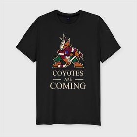Мужская футболка хлопок Slim с принтом Coyotes are coming, Аризона Койотис, Arizona Coyotes в Белгороде, 92% хлопок, 8% лайкра | приталенный силуэт, круглый вырез ворота, длина до линии бедра, короткий рукав | Тематика изображения на принте: are coming | arizona | arizona coyotes | coyotes | hockey | nhl | usa | аризона | аризона койотис | койотис | нхл | спорт | сша | феникс | финикс койотс | хоккей | шайба