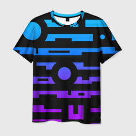 Мужская футболка 3D с принтом Неоновая геометрия | Neon в Екатеринбурге, 100% полиэфир | прямой крой, круглый вырез горловины, длина до линии бедер | geometry | neon | геометрия | голограмма | квадраты | круг | линии | неон | неоновый | полоски | синий | фиолетовый | черный