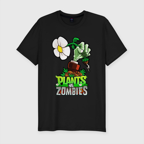 Мужская футболка хлопок Slim с принтом Plants vs. Zombies рука зомби в Тюмени, 92% хлопок, 8% лайкра | приталенный силуэт, круглый вырез ворота, длина до линии бедра, короткий рукав | Тематика изображения на принте: plants vs zombies | зомби | игра | компьютерная игра | против | растения | растения против зомби | рука