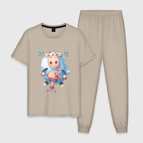 Мужская пижама хлопок с принтом ОвечкО , 100% хлопок | брюки и футболка прямого кроя, без карманов, на брюках мягкая резинка на поясе и по низу штанин
 | арт | графика | животные | звери | мультяшки | овца