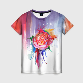 Женская футболка 3D с принтом Прекрасная роза в Екатеринбурге, 100% полиэфир ( синтетическое хлопкоподобное полотно) | прямой крой, круглый вырез горловины, длина до линии бедер | акварель | арт | графика | растения | роза | цветы