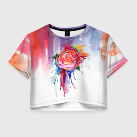 Женская футболка Crop-top 3D с принтом Прекрасная роза в Екатеринбурге, 100% полиэстер | круглая горловина, длина футболки до линии талии, рукава с отворотами | акварель | арт | графика | растения | роза | цветы