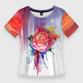 Женская футболка 3D Slim с принтом Прекрасная роза в Екатеринбурге,  |  | акварель | арт | графика | растения | роза | цветы