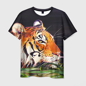 Мужская футболка 3D с принтом Бенгальский Тигр в кустах в Курске, 100% полиэфир | прямой крой, круглый вырез горловины, длина до линии бедер | Тематика изображения на принте: lyon | tiger | tigr | кот | коты | кошка | лев | путь ниндзя | тигр | токио