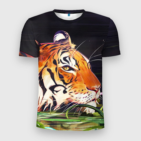 Мужская футболка 3D Slim с принтом Бенгальский Тигр в кустах в Санкт-Петербурге, 100% полиэстер с улучшенными характеристиками | приталенный силуэт, круглая горловина, широкие плечи, сужается к линии бедра | lyon | tiger | tigr | кот | коты | кошка | лев | путь ниндзя | тигр | токио
