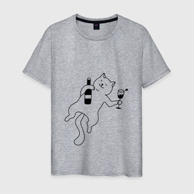 Мужская футболка хлопок с принтом Кот лежит с бутылкой и бокалом в Екатеринбурге, 100% хлопок | прямой крой, круглый вырез горловины, длина до линии бедер, слегка спущенное плечо. | Тематика изображения на принте: doodle | бокал | бутылка | довольный | дудл | животное | контур | кот | котенок | кошка | лежит | милый | мягкий | обводка | обрис | пушистый | рисунок | смешной | спит | улыбается | хвост