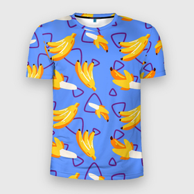 Мужская футболка 3D Slim с принтом Спелые бананы в Санкт-Петербурге, 100% полиэстер с улучшенными характеристиками | приталенный силуэт, круглая горловина, широкие плечи, сужается к линии бедра | Тематика изображения на принте: банан | бананы | клипарт | лето | паттерн | фрукты