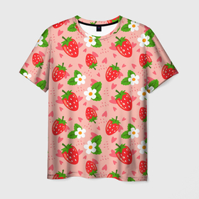 Мужская футболка 3D с принтом Клубника паттерн в Новосибирске, 100% полиэфир | прямой крой, круглый вырез горловины, длина до линии бедер | Тематика изображения на принте: клубника | клубничка | лето | паттерн | фрукты | ягоды