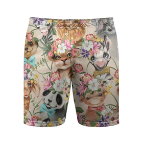 Мужские шорты спортивные с принтом Дикие животные паттерн ,  |  | детские иллюстрации | детское | для двоих | для дочери | жираф | звери | зоопарк | милые животные | панда | цветы