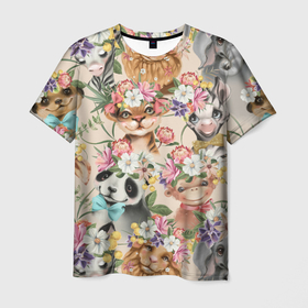 Мужская футболка 3D с принтом Дикие животные паттерн в Тюмени, 100% полиэфир | прямой крой, круглый вырез горловины, длина до линии бедер | детские иллюстрации | детское | для двоих | для дочери | жираф | звери | зоопарк | милые животные | панда | цветы