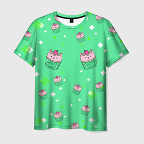Мужская футболка 3D с принтом Кот капкейк , 100% полиэфир | прямой крой, круглый вырез горловины, длина до линии бедер | Тематика изображения на принте: капкейк | киса | кот | котейка | котик | котэ | кошека | кошка | милота | мимими | пирожное | сладости