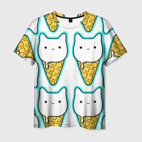 Мужская футболка 3D с принтом Гигантские коты мороженое в Курске, 100% полиэфир | прямой крой, круглый вырез горловины, длина до линии бедер | Тематика изображения на принте: ice cream | вафля | киса | киска | кот | котейка | котик | котэ | кошечка | кошка | мороженко | мороженое | пломбир | эскимо