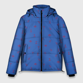 Мужская зимняя куртка 3D с принтом Зимние виды спорта на синем фоне в Екатеринбурге, верх — 100% полиэстер; подкладка — 100% полиэстер; утеплитель — 100% полиэстер | длина ниже бедра, свободный силуэт Оверсайз. Есть воротник-стойка, отстегивающийся капюшон и ветрозащитная планка. 

Боковые карманы с листочкой на кнопках и внутренний карман на молнии. | artline | figures | minimalist | rings | sports | winter | артлайн | виды фигуры | зимняя | значки | катание | кольца | коньки | линия | лыжи | лыжник | минималистический | пиктограмма | символика | символы | спорт | спорта