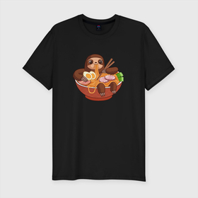 Мужская футболка хлопок Slim с принтом Cute Sloth Ramen Noodles в Санкт-Петербурге, 92% хлопок, 8% лайкра | приталенный силуэт, круглый вырез ворота, длина до линии бедра, короткий рукав | anime | japanese | kawaii | аниме | еда | животные | лапша | ленивец | милый | рамен | суши | япония