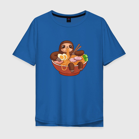 Мужская футболка хлопок Oversize с принтом Cute Sloth Ramen Noodles в Санкт-Петербурге, 100% хлопок | свободный крой, круглый ворот, “спинка” длиннее передней части | anime | japanese | kawaii | аниме | еда | животные | лапша | ленивец | милый | рамен | суши | япония