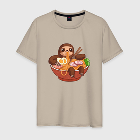 Мужская футболка хлопок с принтом Cute Sloth Ramen Noodles в Новосибирске, 100% хлопок | прямой крой, круглый вырез горловины, длина до линии бедер, слегка спущенное плечо. | anime | japanese | kawaii | аниме | еда | животные | лапша | ленивец | милый | рамен | суши | япония