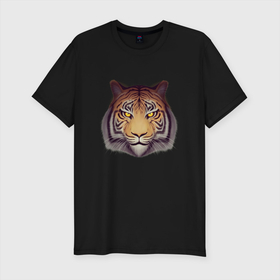 Мужская футболка хлопок Slim с принтом Амурский тигр 2022 в Екатеринбурге, 92% хлопок, 8% лайкра | приталенный силуэт, круглый вырез ворота, длина до линии бедра, короткий рукав | 2022 | cat | kitten | tiger | голова тигра | кот | тигр | цветной