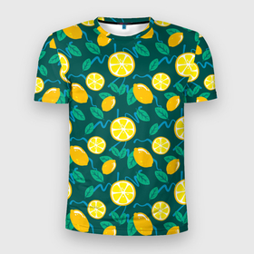 Мужская футболка 3D Slim с принтом цитрус паттерн , 100% полиэстер с улучшенными характеристиками | приталенный силуэт, круглая горловина, широкие плечи, сужается к линии бедра | лимон | лимоны | овощи | паттерн | текстура | фрукты | цитрус