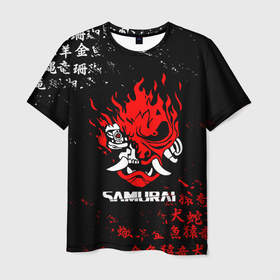 Мужская футболка 3D с принтом CYBERPUNK SAMURAI JAPAN STYLE   САМУРАЙ в Новосибирске, 100% полиэфир | прямой крой, круглый вырез горловины, длина до линии бедер | Тематика изображения на принте: cd project red | cyberpunk 2077 | demon | keanu reeves | maelstrom | militech | quadra | samurai | smile | trauma | trauma team | демон | иероглифы | киану ривз | киберпанк 2077 | милитех | самурай | символы | смайл