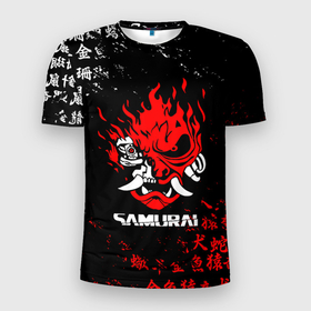 Мужская футболка 3D Slim с принтом CYBERPUNK SAMURAI JAPAN STYLE   САМУРАЙ в Белгороде, 100% полиэстер с улучшенными характеристиками | приталенный силуэт, круглая горловина, широкие плечи, сужается к линии бедра | cd project red | cyberpunk 2077 | demon | keanu reeves | maelstrom | militech | quadra | samurai | smile | trauma | trauma team | демон | иероглифы | киану ривз | киберпанк 2077 | милитех | самурай | символы | смайл