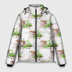 Мужская зимняя куртка 3D с принтом Зеленый чай паттерн в Екатеринбурге, верх — 100% полиэстер; подкладка — 100% полиэстер; утеплитель — 100% полиэстер | длина ниже бедра, свободный силуэт Оверсайз. Есть воротник-стойка, отстегивающийся капюшон и ветрозащитная планка. 

Боковые карманы с листочкой на кнопках и внутренний карман на молнии. | зеленый чай | китайский чай | паттерн | чаепитие | чай | чайная