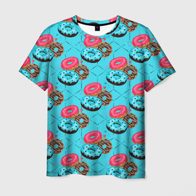 Мужская футболка 3D с принтом Яркие пончики в Санкт-Петербурге, 100% полиэфир | прямой крой, круглый вырез горловины, длина до линии бедер | Тематика изображения на принте: вкусно | десерт | клипарт | паттерн | пончик | пончики | сладкий | сладости