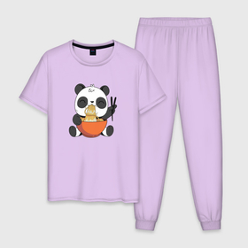 Мужская пижама хлопок с принтом Cute Panda Eating Ramen в Екатеринбурге, 100% хлопок | брюки и футболка прямого кроя, без карманов, на брюках мягкая резинка на поясе и по низу штанин
 | Тематика изображения на принте: anime | food | kawaii | аниме | еда | звери | китай | лапша | милый | мимими | панда | рамен | япония