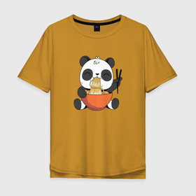 Мужская футболка хлопок Oversize с принтом Cute Panda Eating Ramen в Екатеринбурге, 100% хлопок | свободный крой, круглый ворот, “спинка” длиннее передней части | anime | food | kawaii | аниме | еда | звери | китай | лапша | милый | мимими | панда | рамен | япония