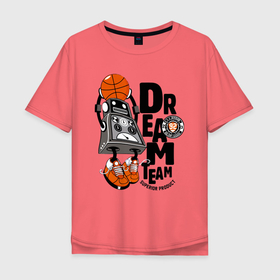 Мужская футболка хлопок Oversize с принтом Robots dream team в Тюмени, 100% хлопок | свободный крой, круглый ворот, “спинка” длиннее передней части | ball | jump | robot | sneakers | team | кроссовки | мяч | прыжок | робот